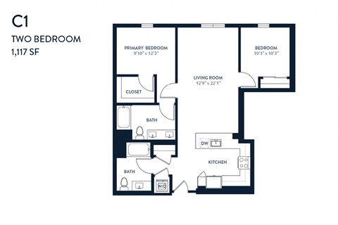 Floor plan for 2 beds, 2 baths, 1117 sqft